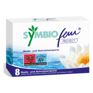 Verpackung von SYMBIOFEM Protect Bade- und Schutztampons mit Bildern und Hinweisen zur Anwendung.