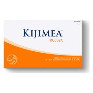 Verpackung von Kijimea Mucosa, 30 Kapseln, mit orangefarbenem Design und Hinweis zur Erhaltung normaler Schleimhäute.