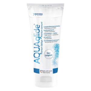 Transparente Tube mit AQUAglide Gleitgel, wasserlöslich, kondomgeeignet und dermatologisch getestet.