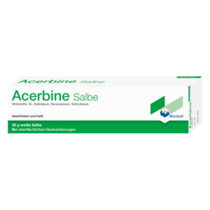 Verpackung der Acerbine Salbe, 30 g weiße Salbe zur Desinfektion und Heilung bei oberflächlichen Hautverletzungen.