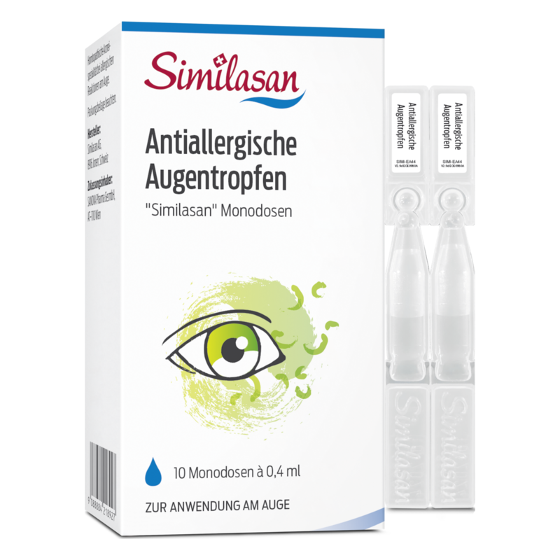Verpackung von Similasan antiallergischen Augentropfen in einer Box mit Monodosen, die ein Auge darstellen.