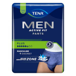 Verpackung von TENA MEN Active Fit Pants in Blau mit grünen Akzenten und Absorptionszone für diskrete Unterstützung.