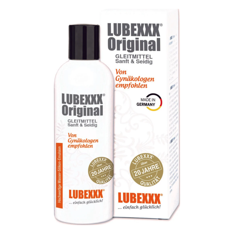 Transparente Flasche mit schwarzem Deckel, Inhalt: Gleitmittel, umgeben von einer weißen Verpackung mit bunten Details.