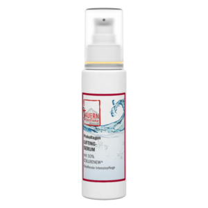 Weißes Pumpfläschchen mit Prokollagen Lifting-Serum, dekoriert mit Wasserwelle und Markenlogo.