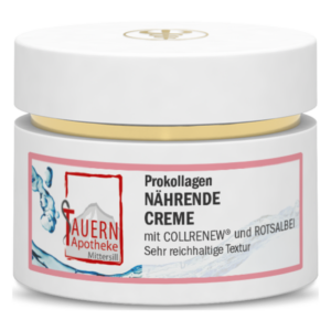 Helle Cremedose mit goldfarbener Kappe, beschriftet mit "Prokollagen NÄHRENDE CREME" und weiteren Inhaltsstoffen.