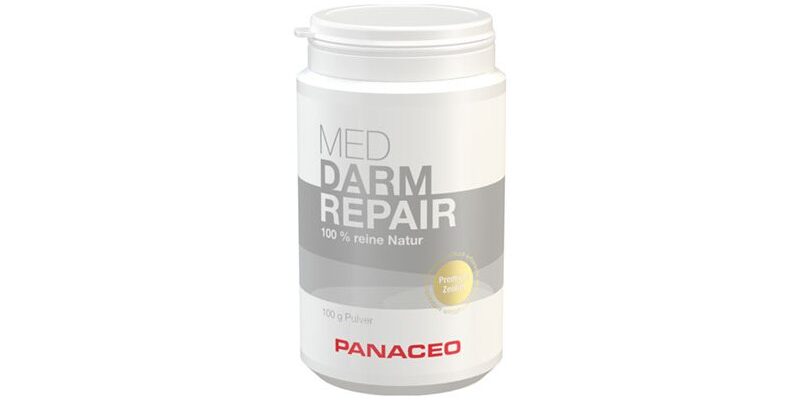 Weißer Kunststoffbehälter mit Schraubverschluss, beschriftet mit "DARM REPAIR" und "100 % reine Natur" von PANACEO.
