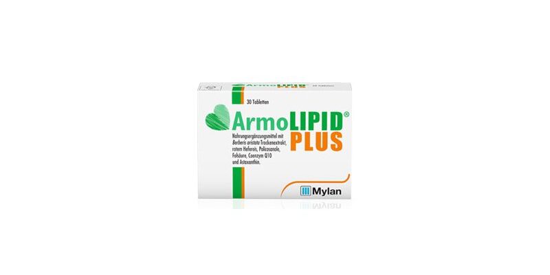 Verpackung von ArmoLIPID PLUS mit Informationen zu Inhaltsstoffen und Dosierung, in weißer Schachtel mit grünem und orangefarbenem Text.