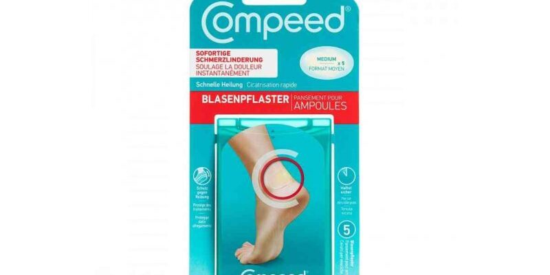 Verpackung von Compeed Blasenpflaster für die sofortige Schmerzlinderung und schnelle Heilung, mit einem Fußabbild.