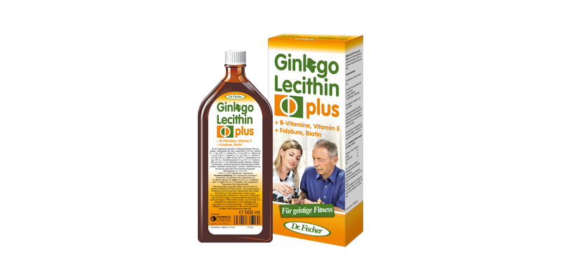 Flasche Ginkgo Lecithin plus mit Karton, enthält B-Vitamine, Vitamin E, Folsäure, Biotin für geistige Fitness.