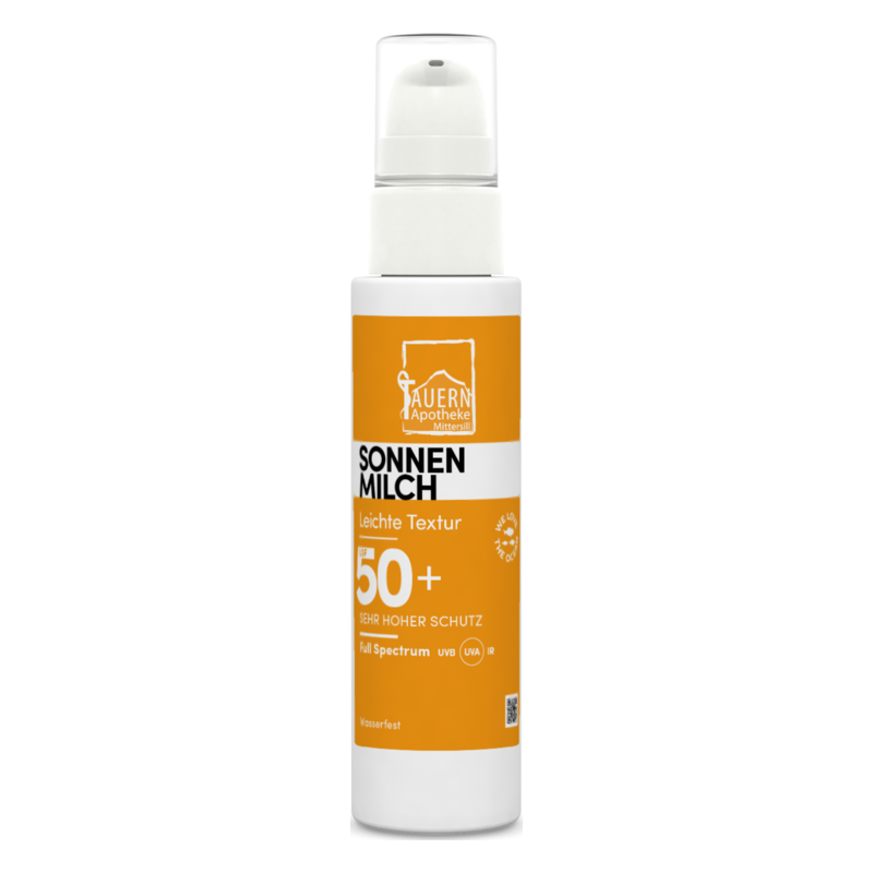 Flasche Sonnenmilch mit leichter Textur und Lichtschutzfaktor 50+, für sehr hohen Schutz vor UV-Strahlung.