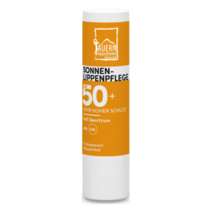 Lippenpflegestift mit LSF 50+, wasserfest und transparenter Formulierung, orangefarbene Verpackung.