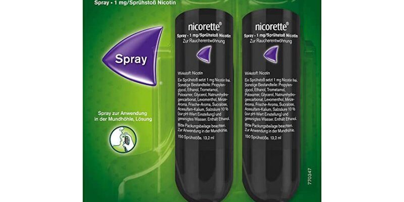 Nicorette_Spray.jpg Verpackung mit zwei Nicorette-Sprays zur Rauchentwöhnung, je 1 mg Nicotin pro Sprühstoß, in schwarzer Flasche.