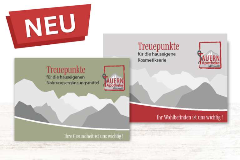 Zwei Rabattkarten der TAUERN Apotheke, eine für Nahrungsergänzungsmittel, eine für Kosmetik, beide mit gebirgigem Hintergrund.