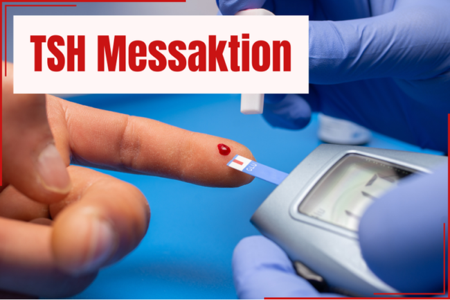 Ein Finger mit blutiger Teststelle erhält einen Teststreifen für eine TSH-Messung, um den Gesundheitsstatus zu überprüfen.