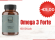 Braune Flasche mit Omega 3 Forte Kapseln, Etikett in Grüntönen, Rabattangebot in roter Schrift.