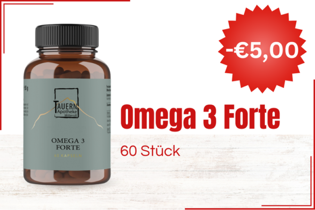 Braune Flasche mit Omega 3 Forte Kapseln, Etikett in Grüntönen, Rabattangebot in roter Schrift.