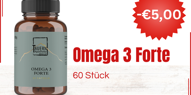 Omega_3_Forte_Rabatt.png Braune Flasche mit Omega 3 Forte Kapseln, Etikett in Grüntönen, Rabattangebot in roter Schrift.