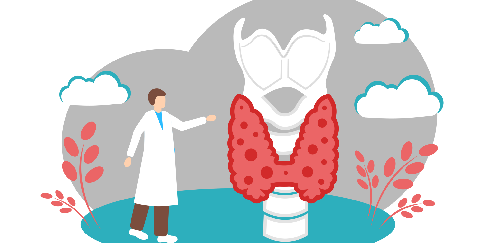 Schilddruese.png Mediziner erklärt die Schilddrüse, dargestellt als anatomisches Modell, umgeben von Pflanzen und Wolken.