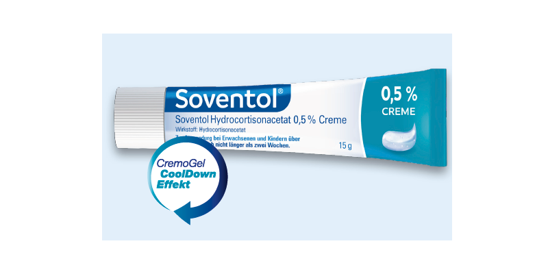 soventol-creme-0_5.png Soventol Creme mit 0,5 % Hydrocortisonacetat in einer 15 g Tube, präsentiert mit 'CremoGel CoolDown Effekt'.