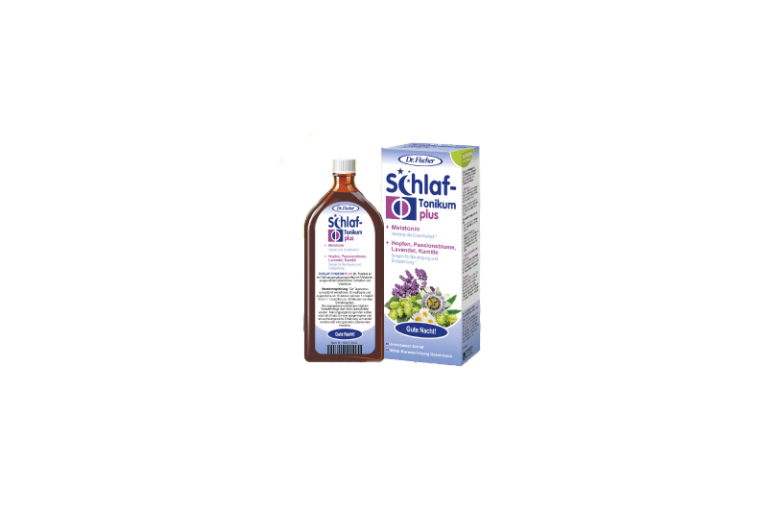 Braune Flasche mit Schlaf-Tonikum plus und Verpackung, enthält Melatonin und pflanzliche Inhaltsstoffe.