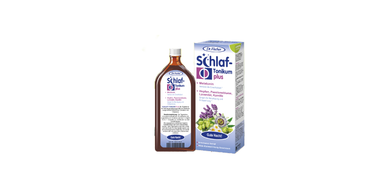 schlaf-tonikum-dr-fischer.png Braune Flasche mit Schlaf-Tonikum plus und Verpackung, enthält Melatonin und pflanzliche Inhaltsstoffe.