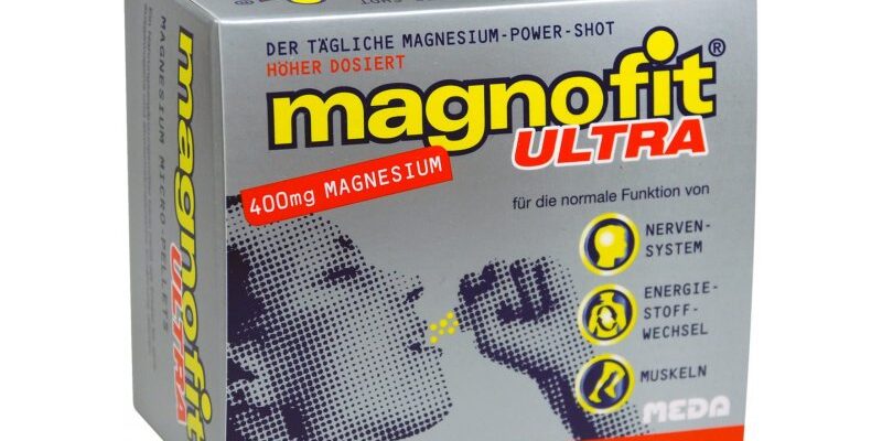Verpackung von magnofit ULTRA, Magnesium-Power-Shot mit 400 mg Magnesium für Nerven, Energie und Muskeln, Zitrongeschmack.