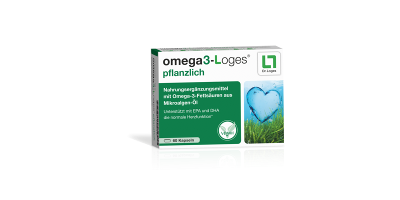 Verpackung des Nahrungsergänzungsmittels omega3-Loges mit Informationen über pflanzliche Omega-3-Fettsäuren und Herzfunktion.