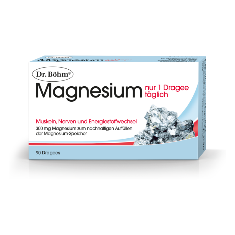 Verpackung von Dr. Böhm Magnesium mit Hinweis auf Muskel- und Nervengesundheit sowie täglicher Einnahmeempfehlung.