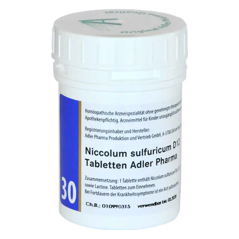 Weißes Röhrchen mit Schraubverschluss, beschriftet mit Informationen zu Niccolum sulfuricum D12 Tabletten.