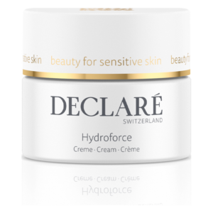 Weißer Jar mit goldener Kante und schwarzer Beschriftung, enthält die Hydroforce-Creme für empfindliche Haut.