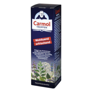 Verpackung von Carmol Tropfen, weist auf die wohltuenden und erfrischenden Eigenschaften hin, mit Kräutermotiven.