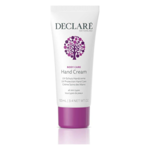 Tube mit Handcreme von Declare, UV-Schutz, 100 mL, für alle Hauttypen, mit lila Deckel.