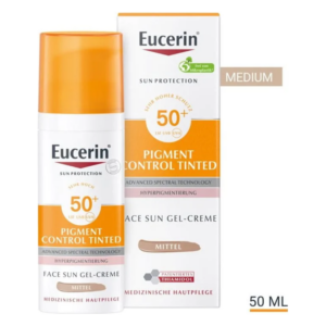 Eucerin Gesichts-Sonnencreme mit Lichtschutzfaktor 50+, gefärbte Gel-Creme, Packung in Orange und Weiß, 50 ml.