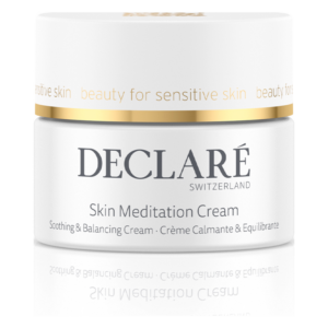 Eine weiße Cremepackung mit goldenen Akzenten, bezeichnet als Skin Meditation Cream von DECLARÉ für empfindliche Haut.