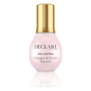 Flasche mit Collagen- und Elastin-Booster von Declare, rosa mit goldener Kappe, zur Hautalterungskontrolle.