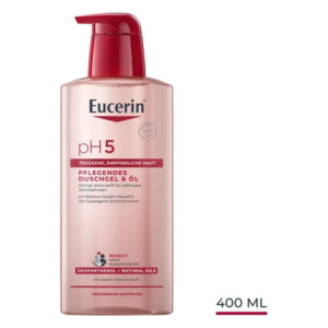 Eucerin pH5 Pflegendes Duschgel & Öl in einer transparenten Flasche mit Pumpverschluss, 400 ml, für trockene Haut.