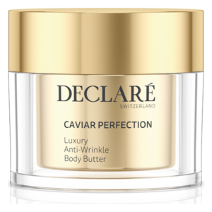 Eine Glascreme-Dose mit goldener Schraubverschlusskappe, beschriftet mit "Caviar Perfection" von DECLARE.