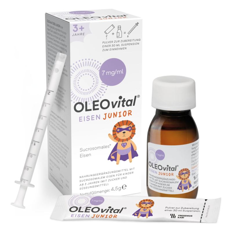 Verpackung von OLEOvital Eisen Junior, einem Nahrungsergänzungsmittel für Kinder, inklusive Flasche und Dosierspritze.