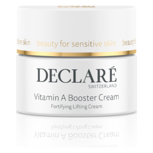 Weißes Tiegel mit goldenem Deckel, enthält Vitamin A Booster Cream von DECLARE, speziell für empfindliche Haut.