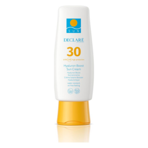 Sonnenschutzcreme mit Lichtschutzfaktor 30 in einer weißen Flasche mit gelbem Deckel und Hyaluron-Boost-Formulierung.