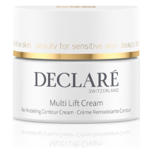 Eine runde, weiße Cremeverpackung mit goldener Kante, beschriftet mit "DEDECLARE Switzerland Multi Lift Cream".