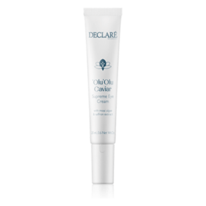 Eine Tube mit Augencreme von DECLARE, die mit Meeresalgen und Safranextrakt angereichert ist.