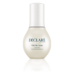 Flasche des DECLARE 'Olu'Olu Caviar Supreme Concentrated Serum mit rundlicher Form und weißem Pumpspender.
