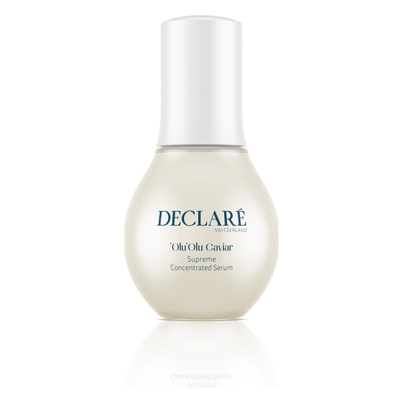 Flasche des DECLARE 'Olu'Olu Caviar Supreme Concentrated Serum mit rundlicher Form und weißem Pumpspender.