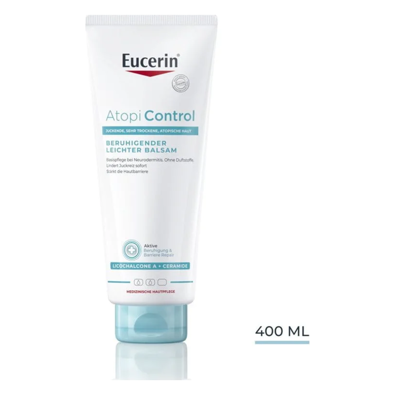 Eucerin Atopi Control beruhigender leichter Balsam in einer 400 ml Tube, für trockene, atopische Haut.