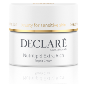 Weißer Tiegel mit goldener Beschriftung, enthält die Reparaturcreme Nutrilipid Extra Rich von DECLARÉ für empfindliche Haut.