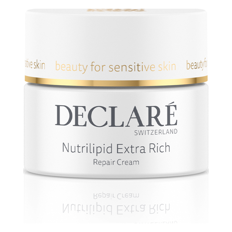 Weißer Tiegel mit goldener Beschriftung, enthält die Reparaturcreme Nutrilipid Extra Rich von DECLARÉ für empfindliche Haut.
