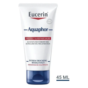Eucerin Aquaphor Protect & Repair Salbe in einer Tube für extrem trockene, rissige Haut, 45 ml Inhalt.