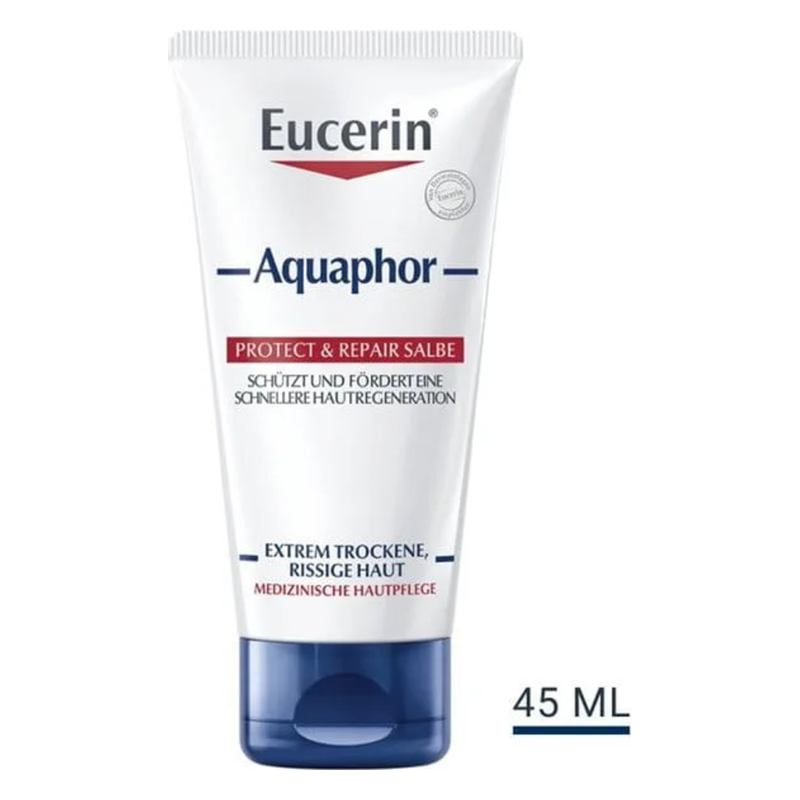 Eucerin Aquaphor Protect & Repair Salbe in einer Tube für extrem trockene, rissige Haut, 45 ml Inhalt.