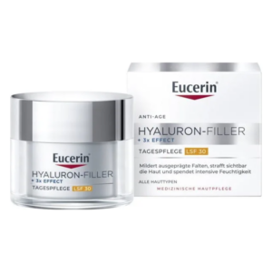 Eucerin Hyaluron-Filler Tagespflege in einem transparenten Tiegel mit silbernem Deckel, verpackt in einer weißen Box mit rotem Logo.